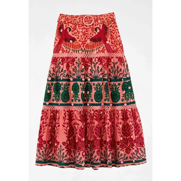 FARM RIO Ainika Print Macaws Cotton Maxi Skirt Pink Belted - Picture 1 of 4